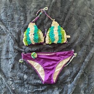 Piel Morena Columbian purple 2 piece triangle Swimsuit Bikini w floral t…